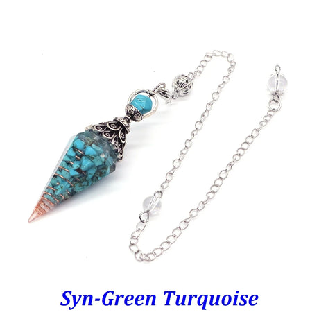 Turquoise crystal pendant on a silver chain with 'Syn-Green Turquoise' text.