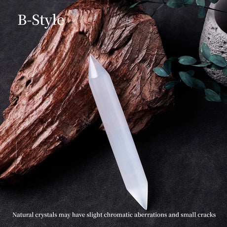 Crystal on a dark surface with text about natural crystal imperfections