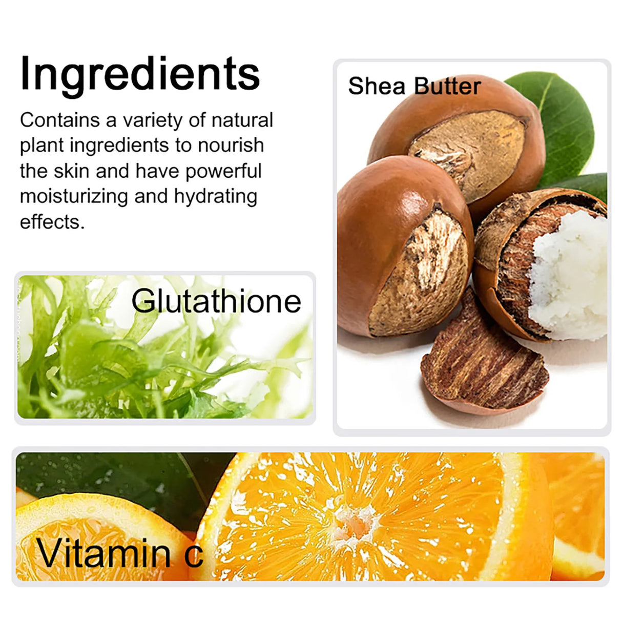 Ingredients list with shea butter, glutathione, and vitamin C shown.