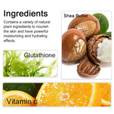 Ingredients list with shea butter, glutathione, and vitamin C shown.