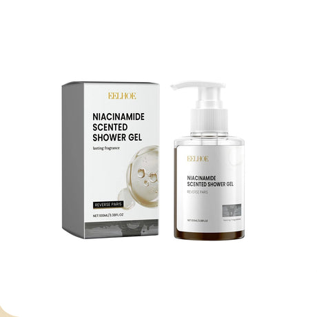 Eelhoe Niacinamide Scented Shower Gel packaging and bottle on a beige background