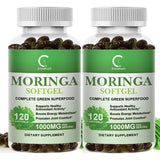 Two bottles of Moringa Softgel dietary supplements on a white background