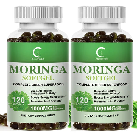 Two bottles of Moringa Softgel dietary supplements on a white background