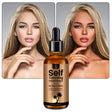 Bottle of self-tanning facial drops with a woman's face on either side showing before and after effects.