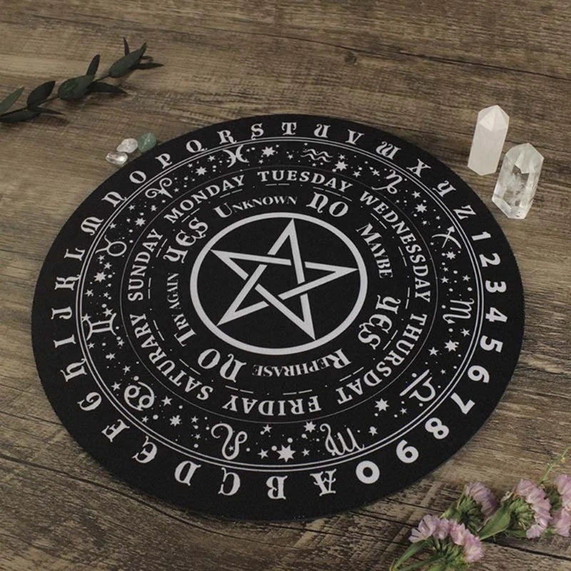 Black circular rug with white symbols and numbers on a wooden surface.