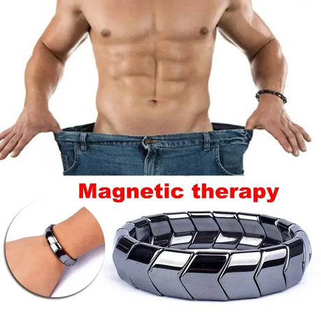 Magnetic therapy belt with a man showing weight loss and a close-up of the belt.