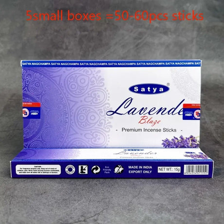 Box of Satya Lavender Blaze incense sticks on a gray background
