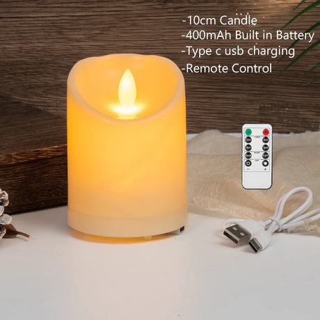 Flickering candle light with remote control and USB cable on a wooden surface