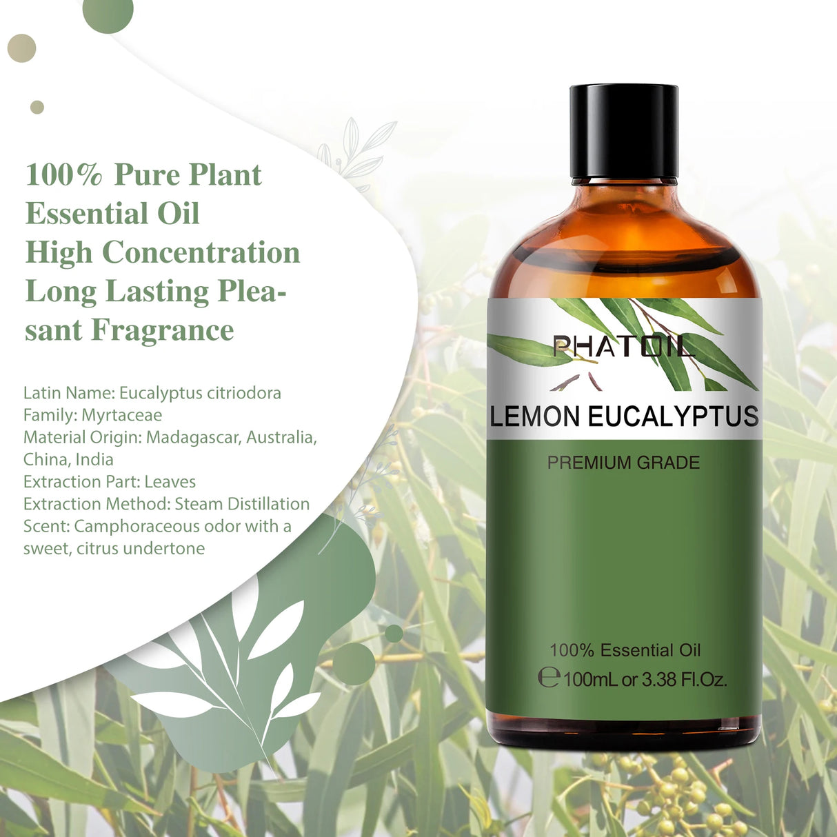 Bottle of Lemon Eucalyptus essential oil with green leaf design on a light green background