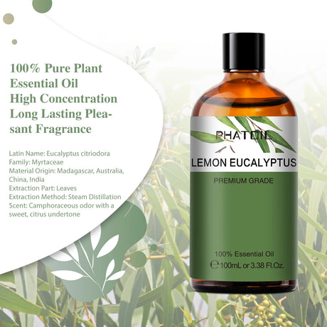 Bottle of Lemon Eucalyptus essential oil with green leaf design on a light green background