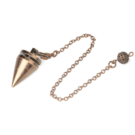 Bronze cone-shaped pendant on a chain against a white background