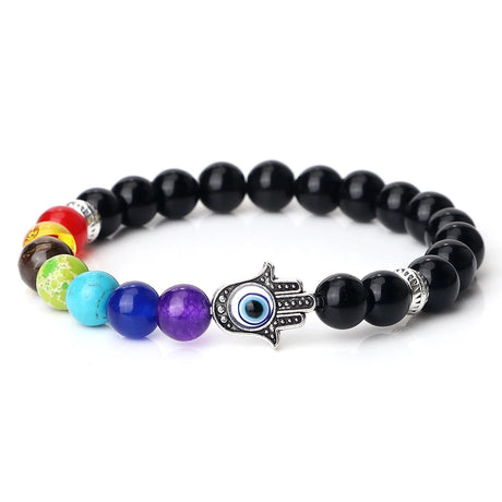 Black beaded bracelet with colorful beads and a Hamsa hand charm on a white background