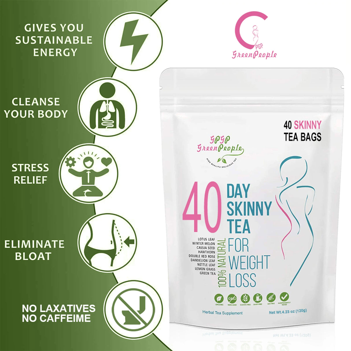 40 Day Skinny Tea package with benefits listed on a green background