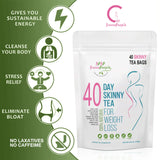 40 Day Skinny Tea package with benefits listed on a green background