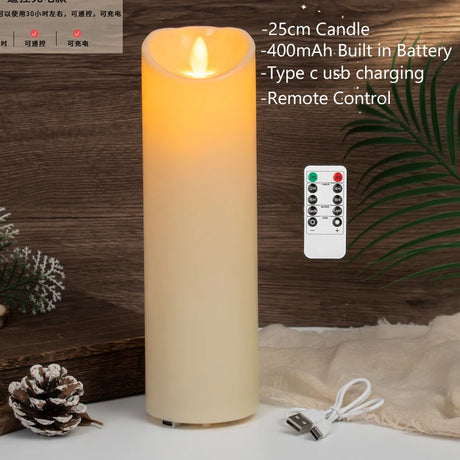 Flickering candle with remote control and charging cable on a wooden surface