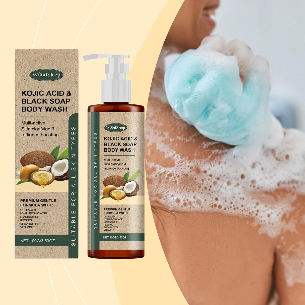 WobbbSleep Kojic Acid & Black Soap Body Wash with packaging and a person using it.