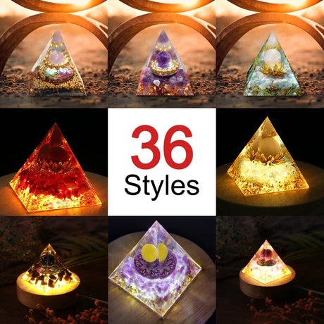 Collage of various pyramid-shaped lights with different colors and designs, featuring the text '36 Styles'.