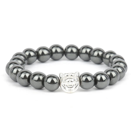 Hematite beaded bracelet with a silver clasp on a white background
