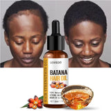 LEWEDO Batana Hair Oil bottle with a woman before and after using the product, and a bowl of oil.