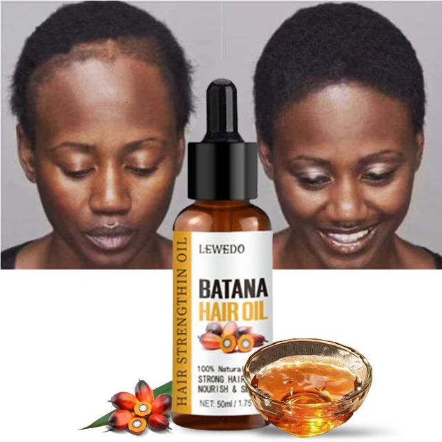 LEWEDO Batana Hair Oil bottle with a woman before and after using the product, and a bowl of oil.