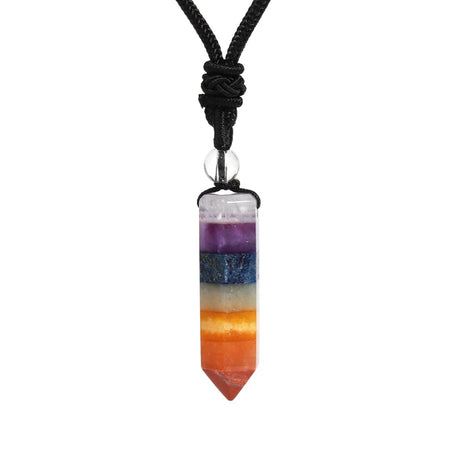 Colorful chakra pendant necklace on a white background