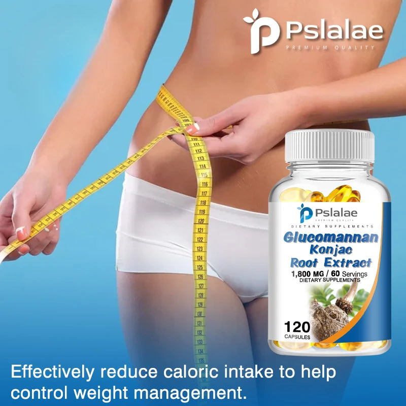 Person measuring waist with a bottle of Pslalae Glucomannan Konjac Root Extract on a blue background