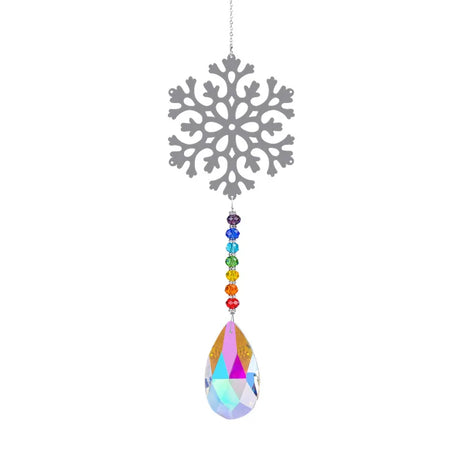 Decorative hanging ornament with a snowflake design and colorful beads on a white background
