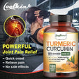 Turmeric Curcumin supplement bottle with a woman exercising in the background, highlighting joint pain relief.