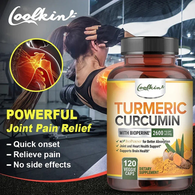 Turmeric Curcumin supplement bottle with a woman exercising in the background, highlighting joint pain relief.