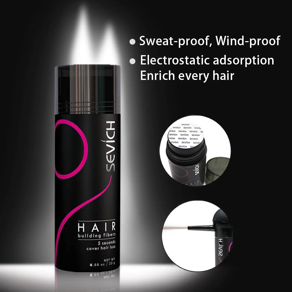 Sevich hair building fiber bottle with product features on a dark background