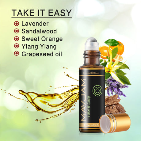 MaxJam essential oil blend bottle with ingredients listed on a light green background