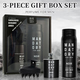 3-piece gift box set of 'Mandatory for Men' perfume and body wash on a gray background