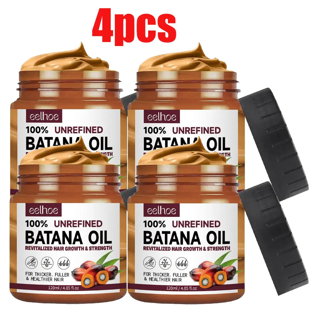 Four jars of eelhoe 100% Unrefined Batana Oil with a black applicator on a white background.