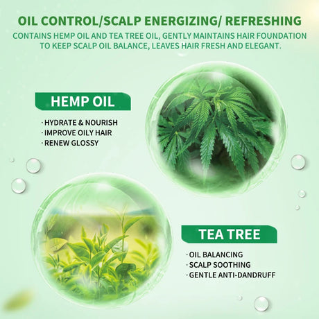 Promotional graphic for hemp oil and tea tree oil with product benefits on a green background.