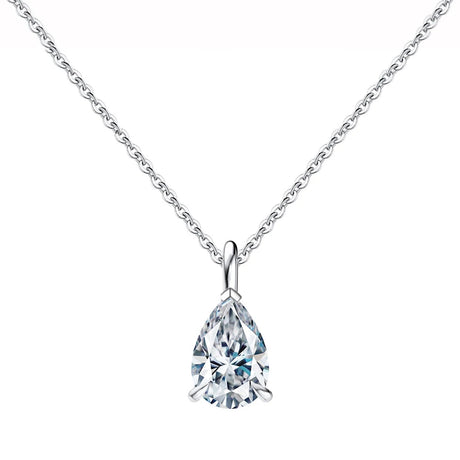 Teardrop-shaped diamond pendant on a chain against a white background
