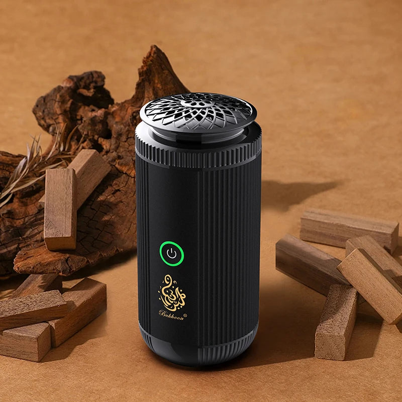 Black cylindrical device with wooden blocks on a brown background