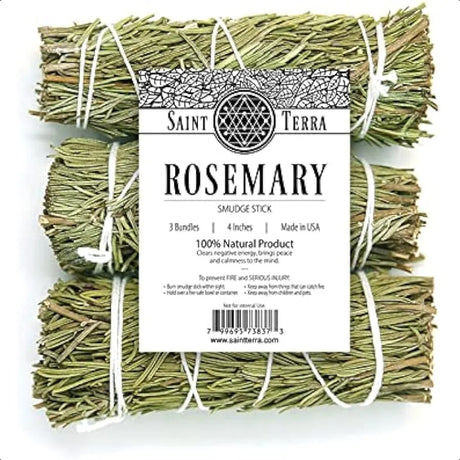 Saint Terra Rosemary smudge sticks with a label on a white background