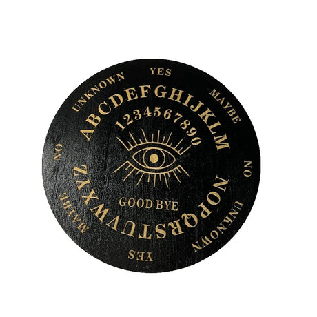 Black Ouija board with gold text and symbols on a white background
