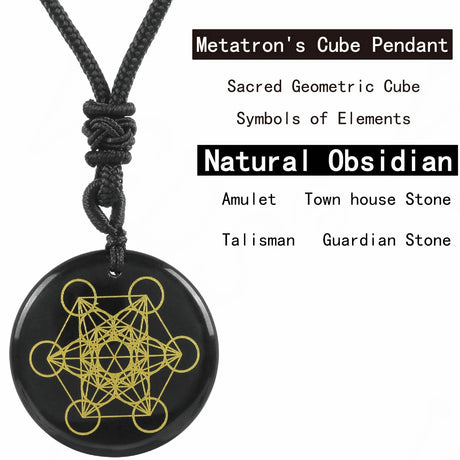 Black pendant with gold Metatron's Cube design on a black cord, labeled as a natural obsidian pendant.