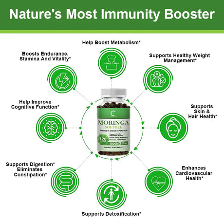 Moringa supplement bottle with health benefits listed on a white background