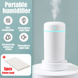Portable humidifier with features listed on a light blue background