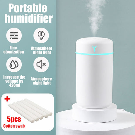 Portable humidifier with features listed on a light blue background