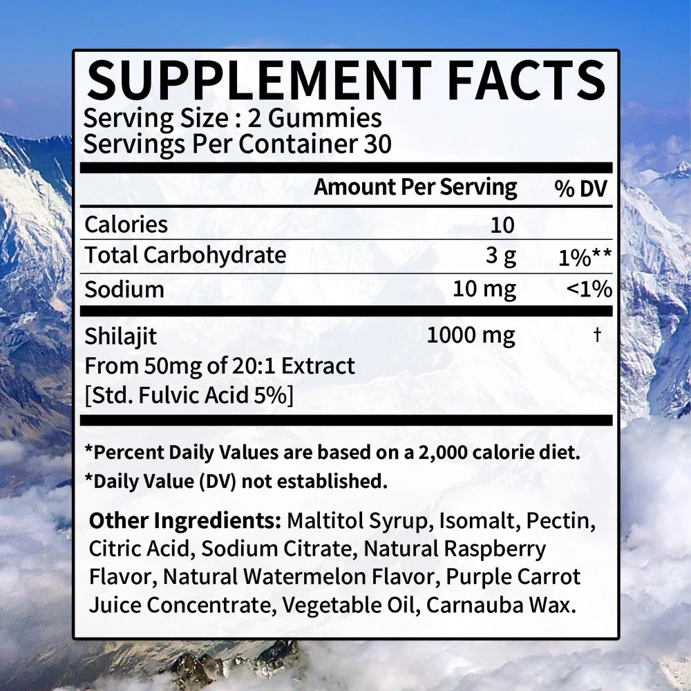 Supplement facts label with mountainous background
