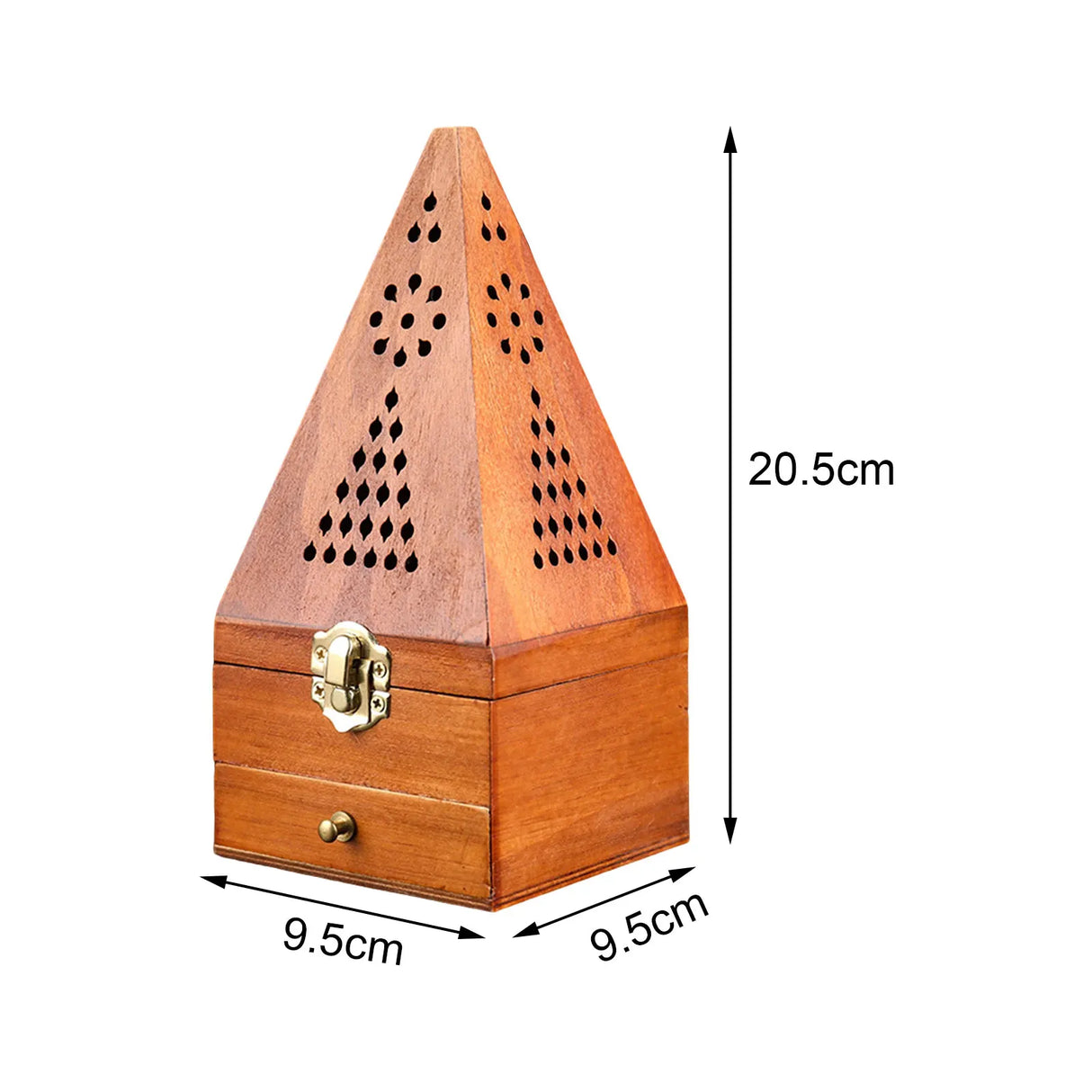 Wooden pyramid-shaped box with dimensions indicated on a white background