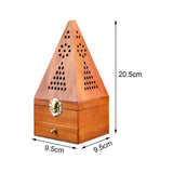 Wooden pyramid-shaped box with dimensions indicated on a white background