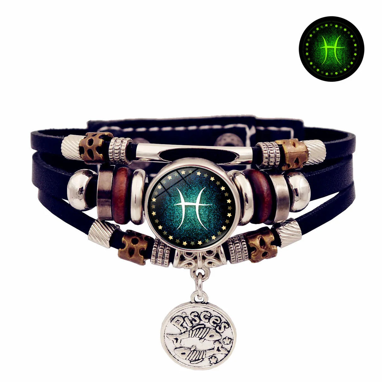 Multistrand bracelet with zodiac symbol charm on a white background