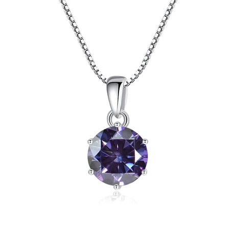 Purple gemstone pendant on a silver chain against a white background