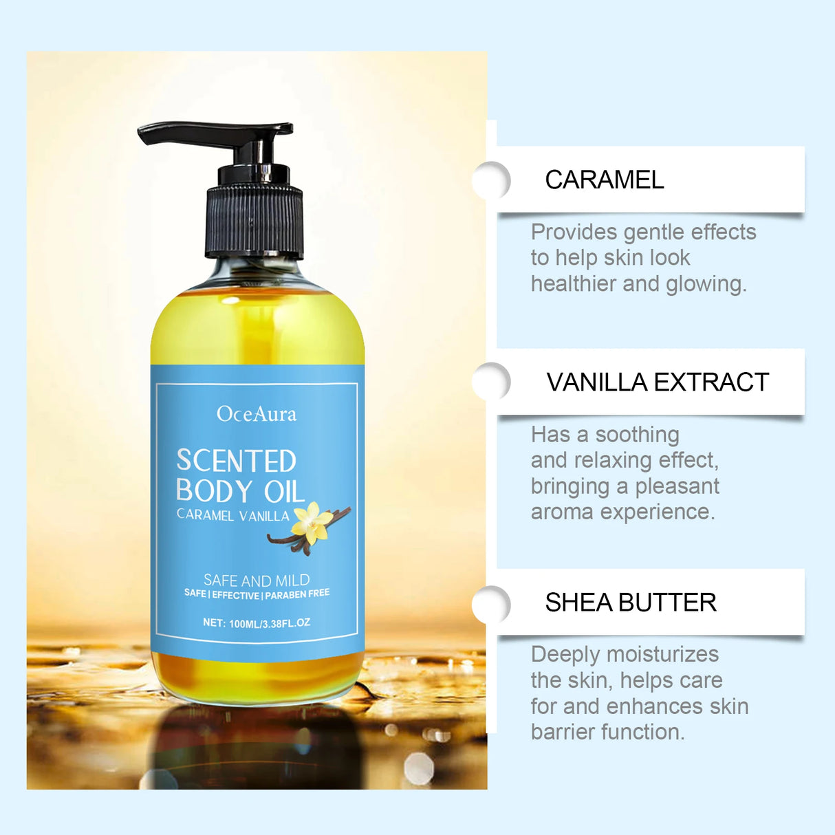 OceAura scented body oil bottle with caramel and vanilla extract on a light blue background