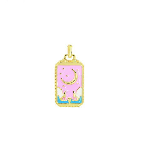 Gold pendant with pink enamel design on a white background