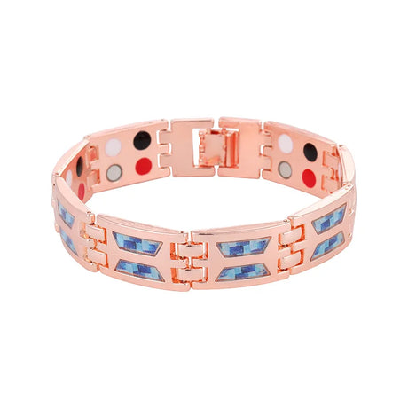 Rose gold bracelet with colorful gemstones on a white background